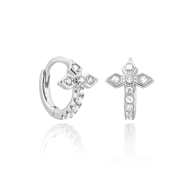 Solid 925 Sterling Silver Men Ladies Dangle Cross Hoop Earrings Iced Diamond