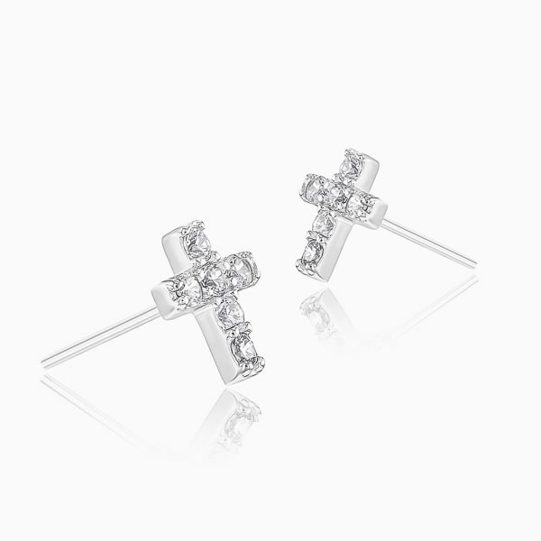 Silver mini crystal cross stud earrings detail