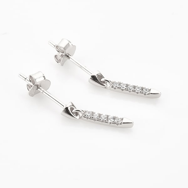 Silver mini crystal drop bar earrings detail