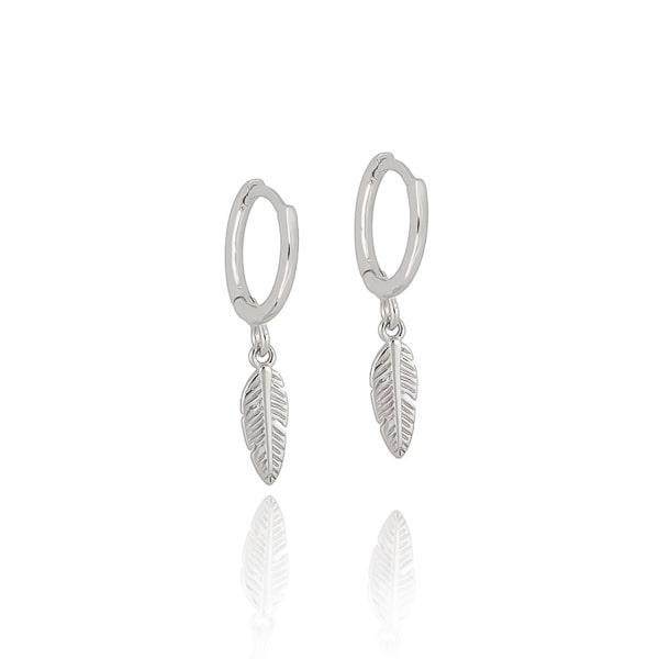 Silver mini feather drop hoop earrings