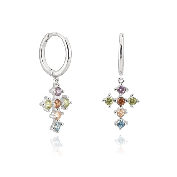 Silver multicolor crystal cross hoop earrings