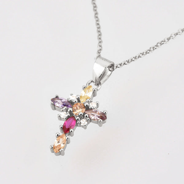 Silver multicolor crystal cross pendant necklace details
