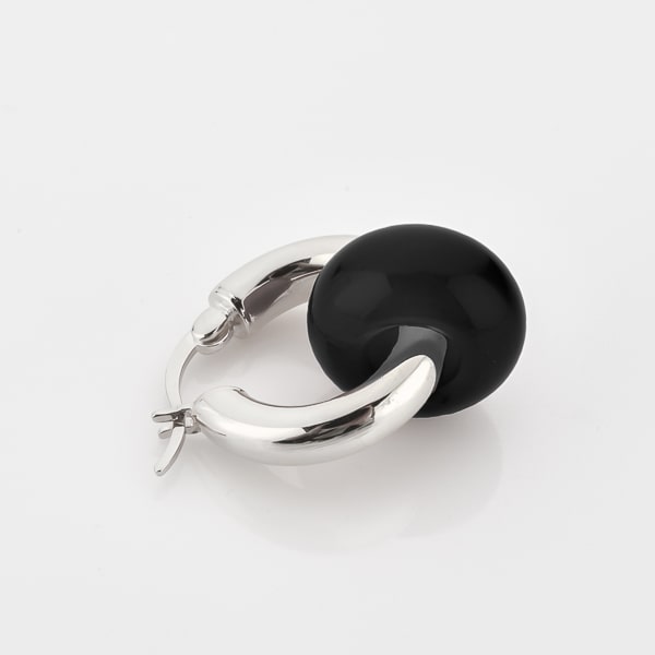 Silver obsidian hoop earrings detail