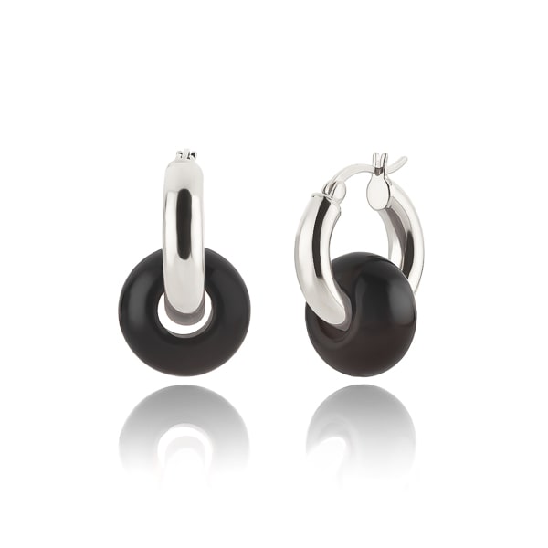 Silver obsidian hoop earrings