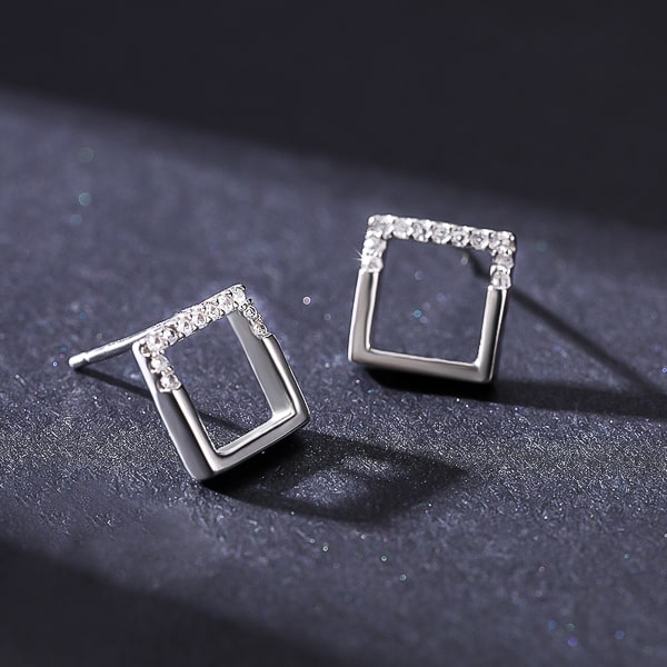 Silver open square stud earrings detail