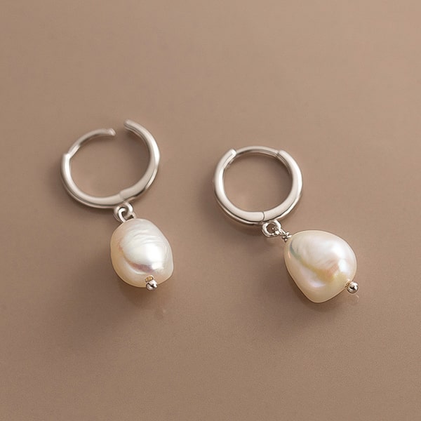 Silver pearl drop hoop earrings details