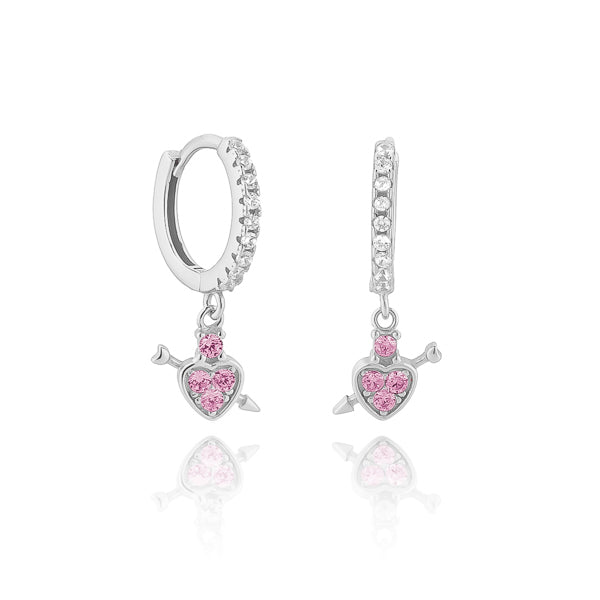 Silver pink crystal heart drop huggie hoop earrings