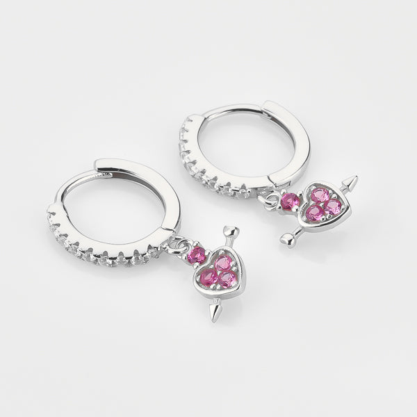 Silver pink crystal heart drop huggie hoop earrings details