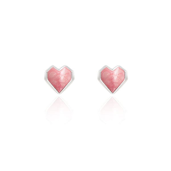Silver pink enamel heart stud earrings