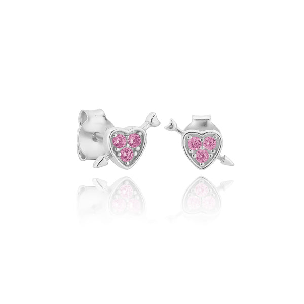 Silver heart and arrow stud earrings with pink crystals