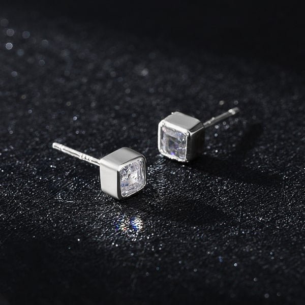Silver princess-cut crystal stud earrings detail