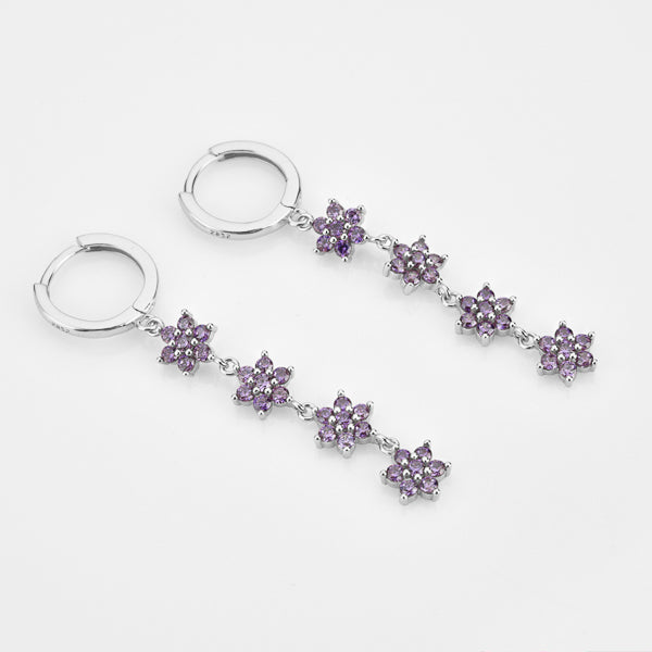 Silver purple crystal flower drop chain earrings details