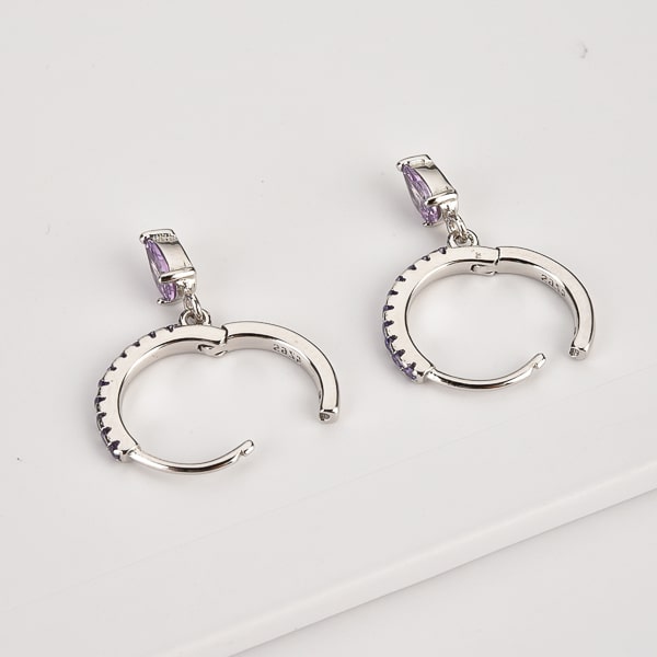 Silver purple crystal huggie teardrop earrings details