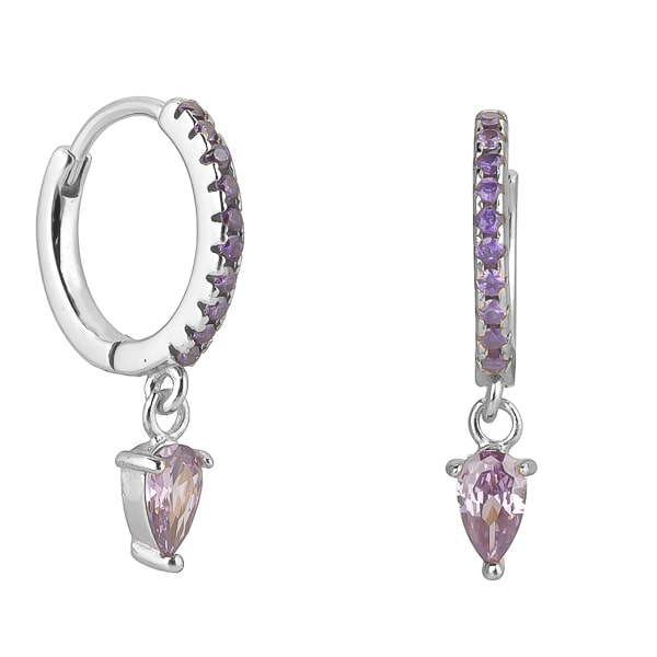 Silver purple crystal huggie teardrop earrings