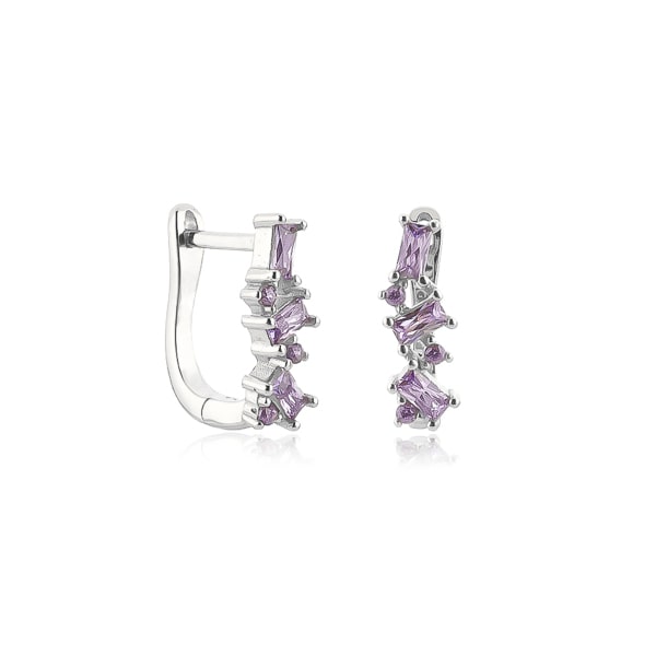 Silver purple crystal U hoop earrings