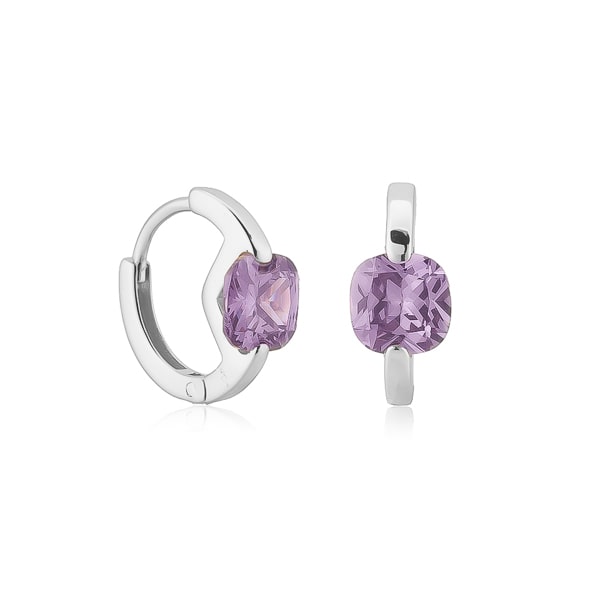 Silver purple cushion huggie hoop earrings