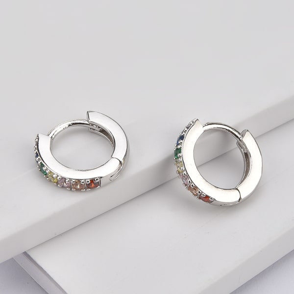Silver rainbow crystal huggie earrings details