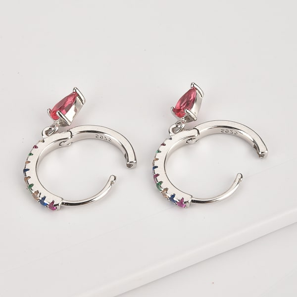 Silver rainbow crystal huggie teardrop earrings details