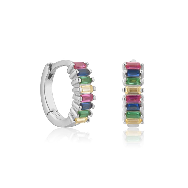 Silver rainbow emerald-cut crystal huggie earrings