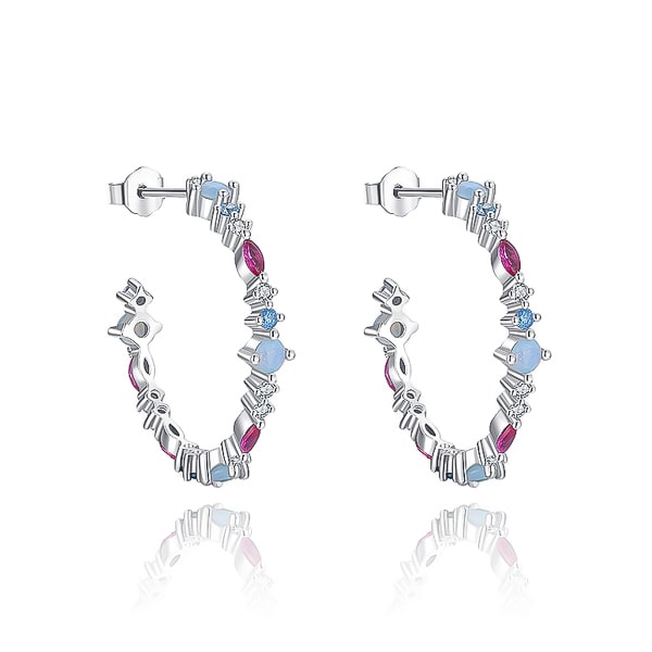 Silver red and blue crystal open hoop earrings