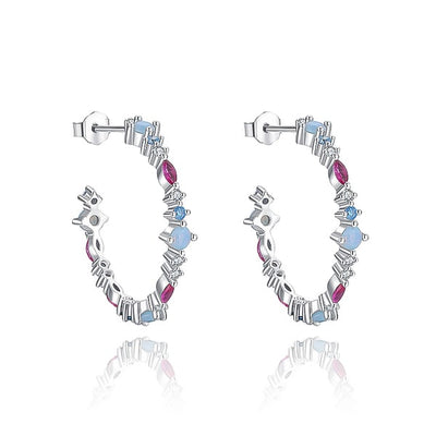 Silver Blue & Red Crystal Open Hoop Earrings