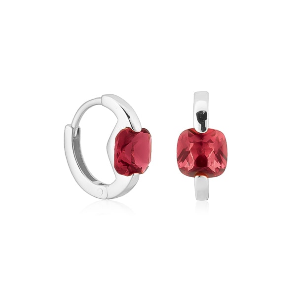 Silver red cushion huggie hoop earrings