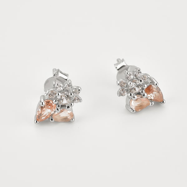 Silver champagne floral crystal cluster stud earrings details