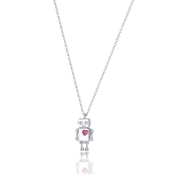 Silver robot with a red heart pendant necklace