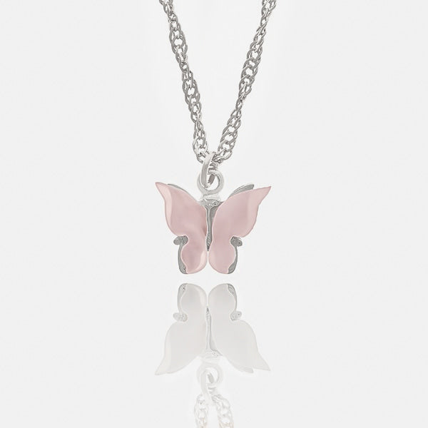 Silver rose butterfly pendant necklace details