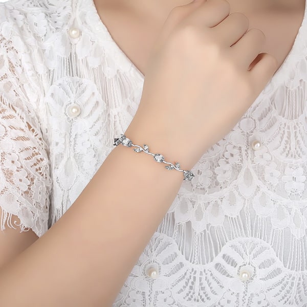 Silver rose crystal bracelet on a woman's wrist