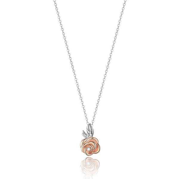 Silver necklace with a rose gold rose flower pendant