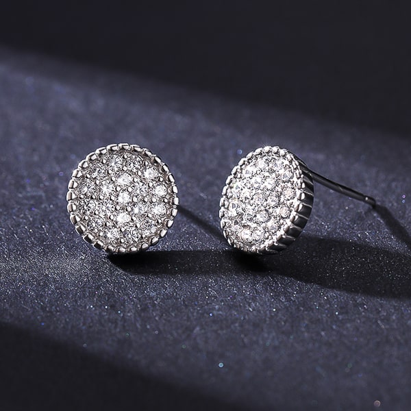 Silver round crystal pavé stud earrings detail