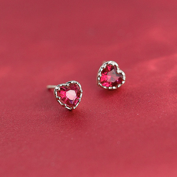 Silver ruby red crystal heart stud earrings details