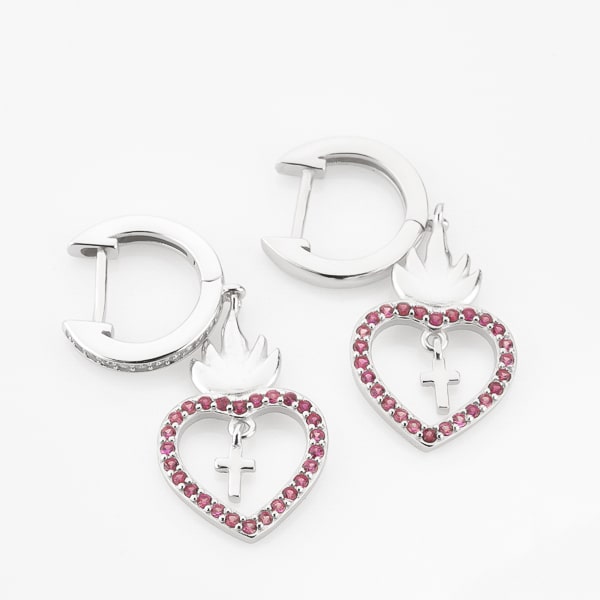 Silver sacred heart hoop earrings detail