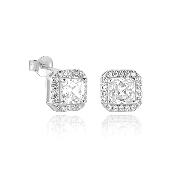 Silver square halo stud earrings