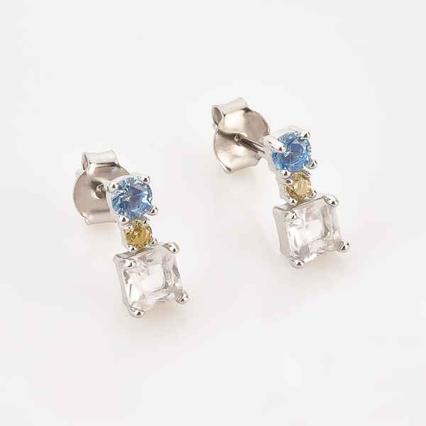 Silver triple crystal mini drop stud earrings detail