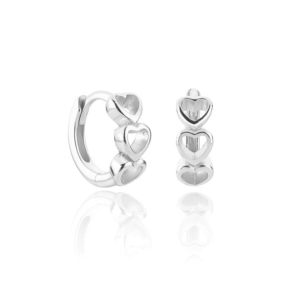 Silver triple heart huggie hoop earrings