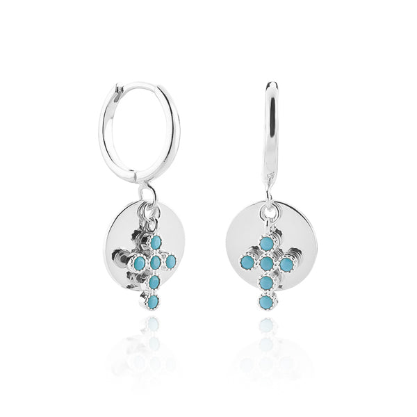 Silver and turquoise cross charm hoop earrings