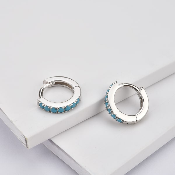 Silver turquoise crystal huggie earrings details