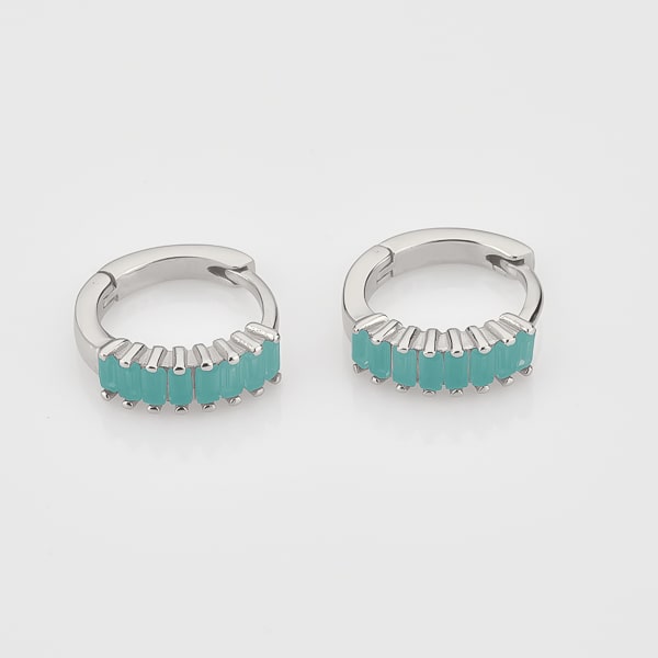 Silver turquoise emerald-cut crystal huggie earrings details