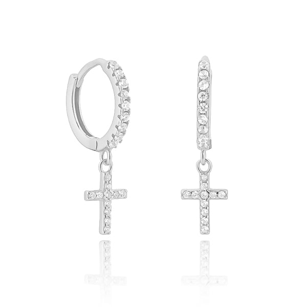 Silver cross huggie hoop earrings with white crystals