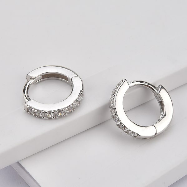 Silver white crystal huggie earrings details