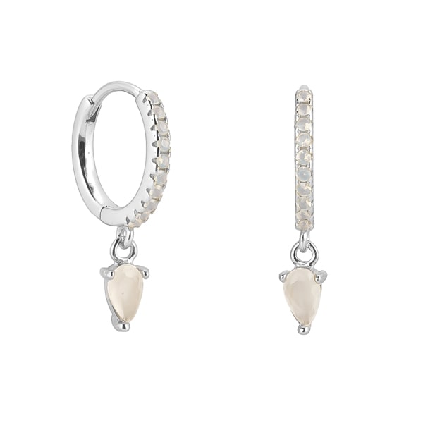 Silver mini hoop huggie earrings with white crystal teardrop