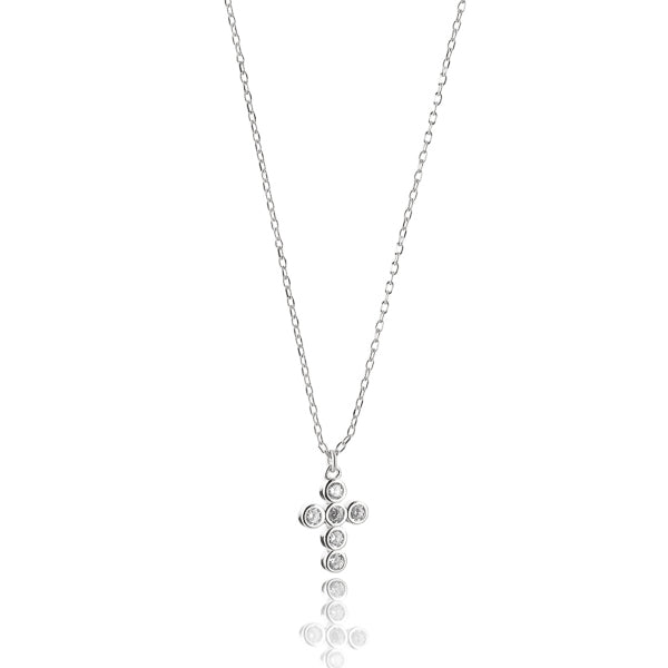 Silver rounded cross necklace with white crystals