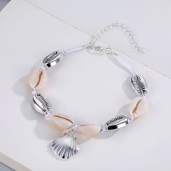 Silver and white seashell cowrie shell ankle bracelet details