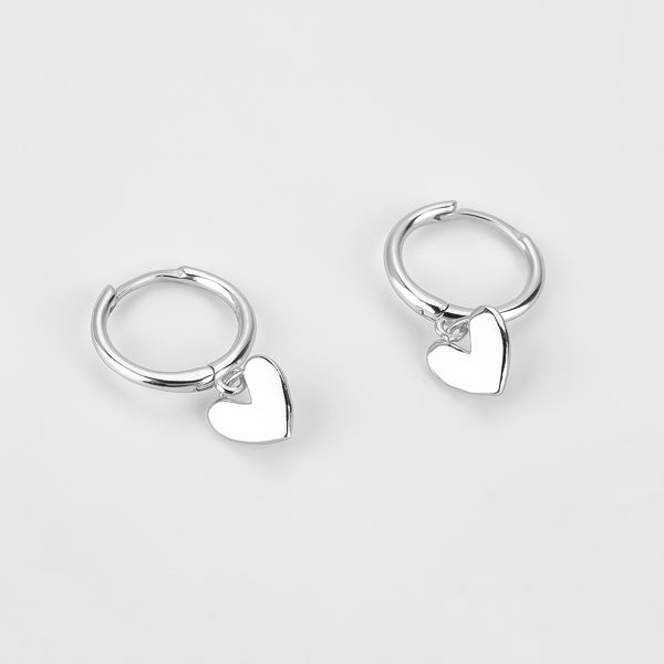 Simple silver heart huggie hoop drop earrings details