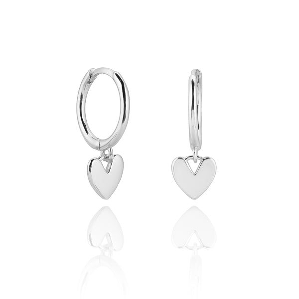 Simple silver heart huggie hoop drop earrings