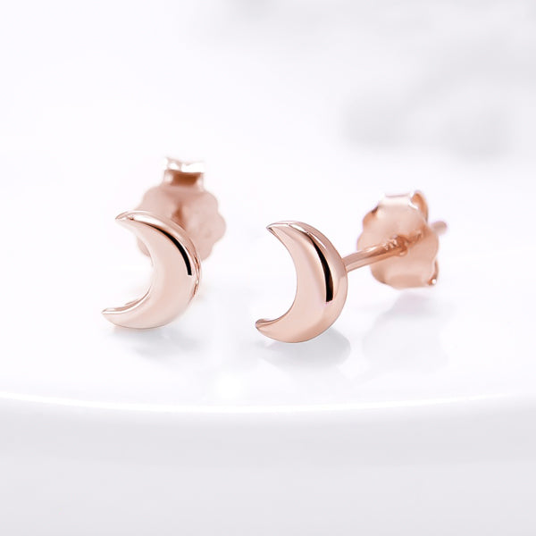 Small rose gold moon stud earrings details
