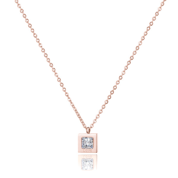 Rose gold square love crystal necklace