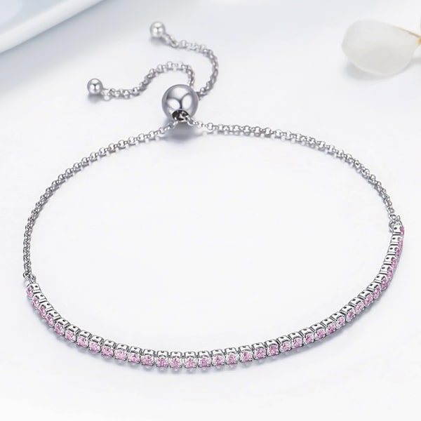 Sterling silver adjustable pink tennis bracelet close up